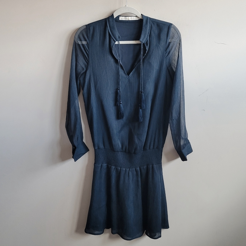 Marie Oliver‎ Chiffon Smocked Tassel Mini Dress In Navy